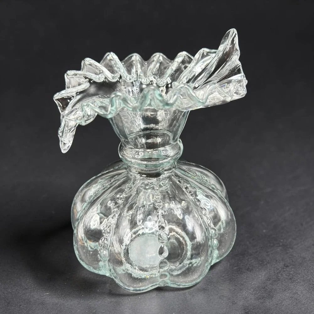 Clear Glass Ruffled Vase Hobnail Lobed Pumpkin Base Heavy 8 Inch Vessel VTG